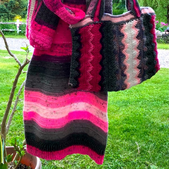 Handcrafted Crocheted Magenta, Lavender, and Gray Barbie Core Stretch Dress - Picture 2 of 2